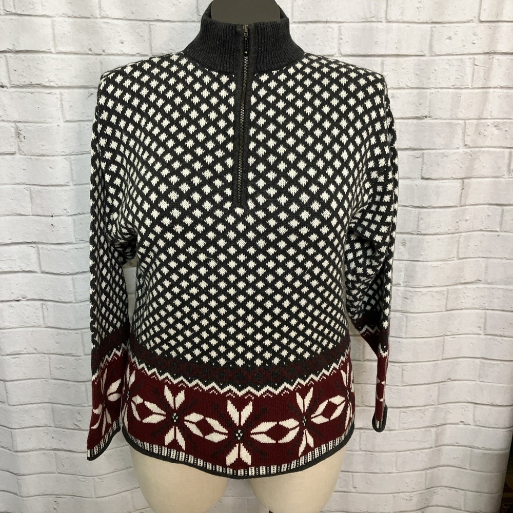 Woolrich Fair Isle Quarter Zip Sweater Women's Medium Grey Red Pullover